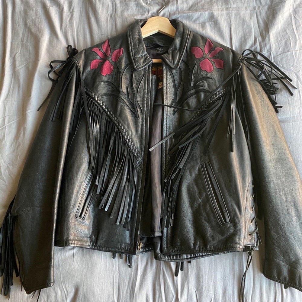 Unique Vintage Fringe Leather Floral Jacket